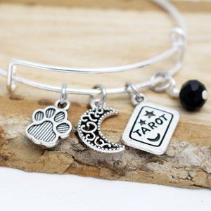 Paw Print, Filigree Moon & Tarot Card Adjustable Charm Bangle - Handcraf…